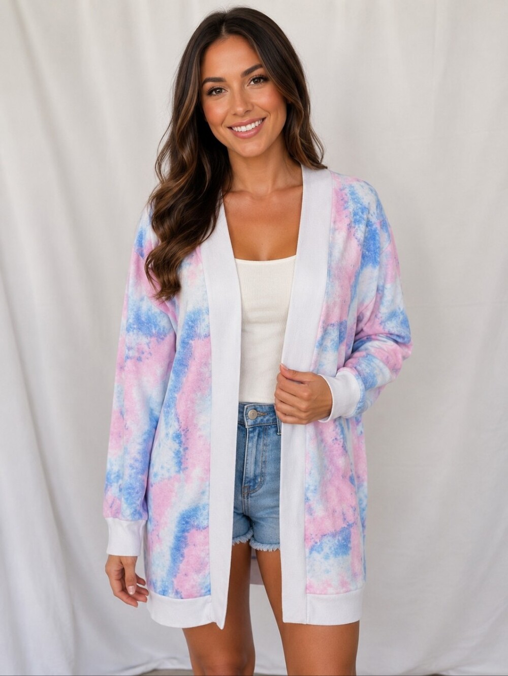 Women's Pastel Tie-Dye Open Cardigan Sweater - Pink & Blue